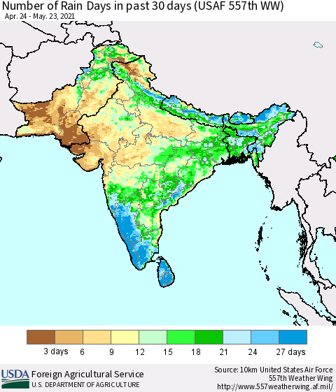 Southern Asia Number of Rain Days in past 30 days (USAF 557th WW) 05/23/2021 Thematic Map For 5/17/2021 - 5/23/2021