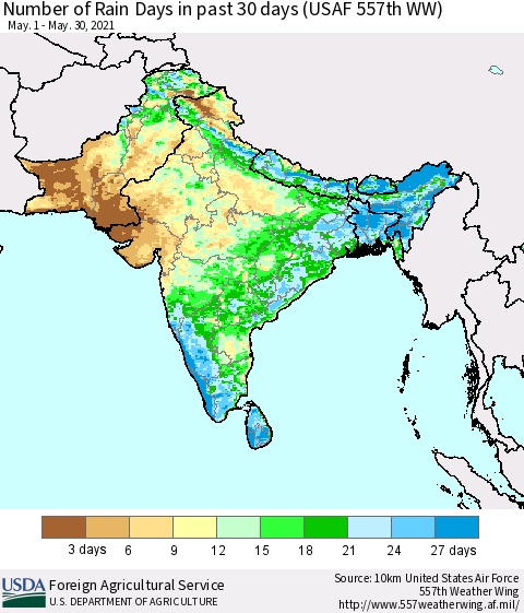 Southern Asia Number of Rain Days in past 30 days (USAF 557th WW) 05/30/2021 Thematic Map For 5/24/2021 - 5/30/2021