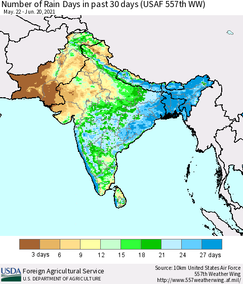 Southern Asia Number of Rain Days in past 30 days (USAF 557th WW) 06/20/2021 Thematic Map For 6/14/2021 - 6/20/2021