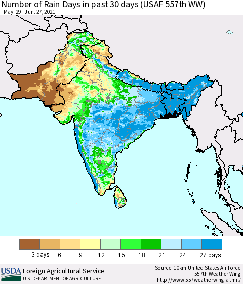 Southern Asia Number of Rain Days in past 30 days (USAF 557th WW) 06/27/2021 Thematic Map For 6/21/2021 - 6/27/2021