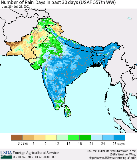 Southern Asia Number of Rain Days in past 30 days (USAF 557th WW) 07/25/2021 Thematic Map For 7/19/2021 - 7/25/2021