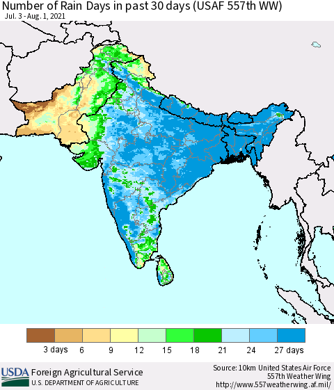 Southern Asia Number of Rain Days in past 30 days (USAF 557th WW) 08/01/2021 Thematic Map For 7/26/2021 - 8/1/2021