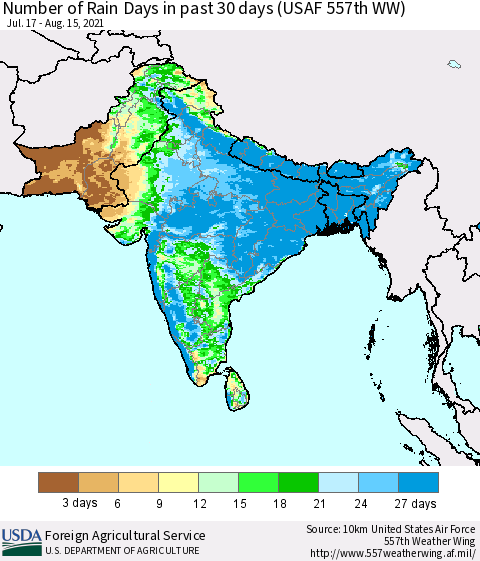 Southern Asia Number of Rain Days in past 30 days (USAF 557th WW) 08/15/2021 Thematic Map For 8/9/2021 - 8/15/2021