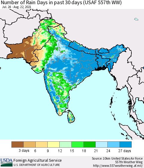 Southern Asia Number of Rain Days in past 30 days (USAF 557th WW) 08/22/2021 Thematic Map For 8/16/2021 - 8/22/2021