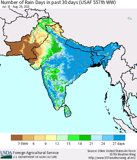 Southern Asia Number of Rain Days in past 30 days (USAF 557th WW) 08/29/2021 Thematic Map For 8/23/2021 - 8/29/2021