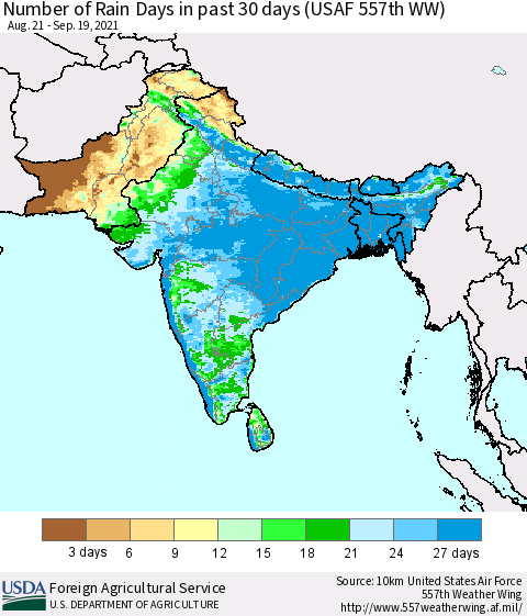 Southern Asia Number of Rain Days in past 30 days (USAF 557th WW) 09/19/2021 Thematic Map For 9/13/2021 - 9/19/2021