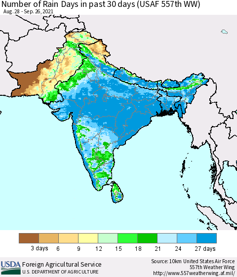 Southern Asia Number of Rain Days in past 30 days (USAF 557th WW) 09/26/2021 Thematic Map For 9/20/2021 - 9/26/2021