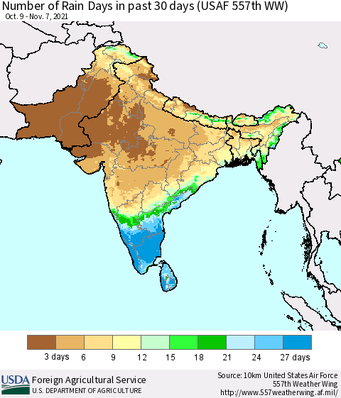 Southern Asia Number of Rain Days in past 30 days (USAF 557th WW) 11/07/2021 Thematic Map For 11/1/2021 - 11/7/2021
