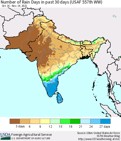 Southern Asia Number of Rain Days in past 30 days (USAF 557th WW) 11/14/2021 Thematic Map For 11/8/2021 - 11/14/2021