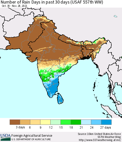 Southern Asia Number of Rain Days in past 30 days (USAF 557th WW) 11/28/2021 Thematic Map For 11/22/2021 - 11/28/2021