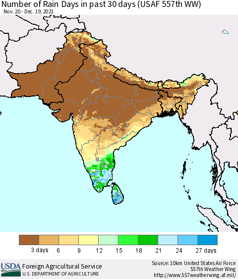 Southern Asia Number of Rain Days in past 30 days (USAF 557th WW) 12/19/2021 Thematic Map For 12/13/2021 - 12/19/2021