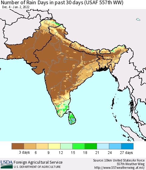 Southern Asia Number of Rain Days in past 30 days (USAF 557th WW) 01/02/2022 Thematic Map For 12/27/2021 - 1/2/2022