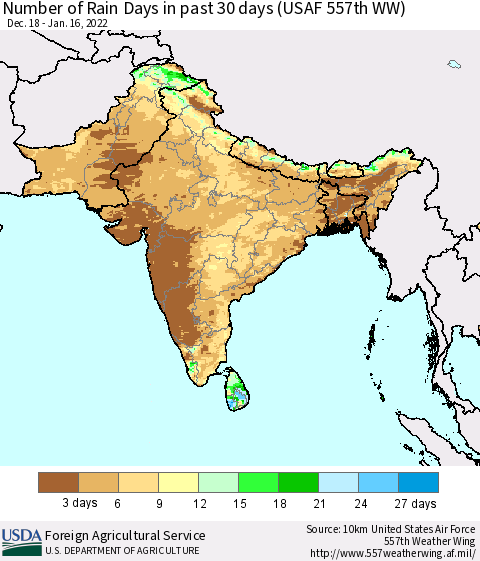 Southern Asia Number of Rain Days in past 30 days (USAF 557th WW) 01/16/2022 Thematic Map For 1/10/2022 - 1/16/2022