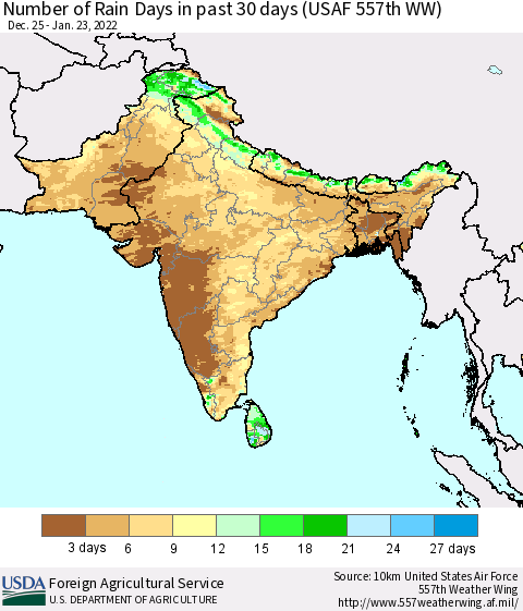 Southern Asia Number of Rain Days in past 30 days (USAF 557th WW) 01/23/2022 Thematic Map For 1/17/2022 - 1/23/2022