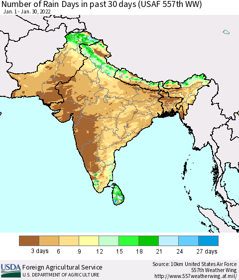 Southern Asia Number of Rain Days in past 30 days (USAF 557th WW) 01/30/2022 Thematic Map For 1/24/2022 - 1/30/2022