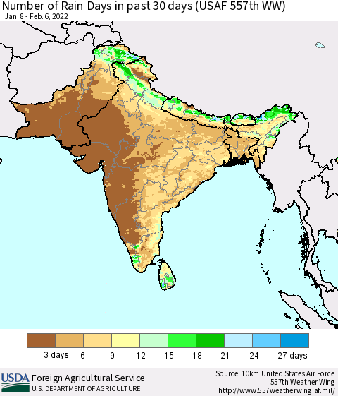Southern Asia Number of Rain Days in past 30 days (USAF 557th WW) 02/06/2022 Thematic Map For 1/31/2022 - 2/6/2022