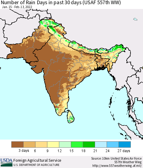 Southern Asia Number of Rain Days in past 30 days (USAF 557th WW) 02/13/2022 Thematic Map For 2/7/2022 - 2/13/2022
