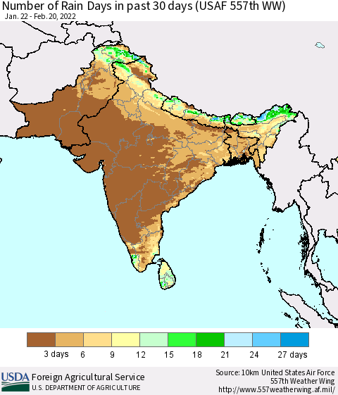 Southern Asia Number of Rain Days in past 30 days (USAF 557th WW) 02/20/2022 Thematic Map For 2/14/2022 - 2/20/2022