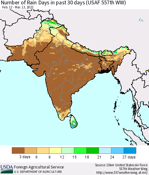 Southern Asia Number of Rain Days in past 30 days (USAF 557th WW) 03/13/2022 Thematic Map For 3/7/2022 - 3/13/2022