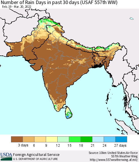 Southern Asia Number of Rain Days in past 30 days (USAF 557th WW) 03/20/2022 Thematic Map For 3/14/2022 - 3/20/2022