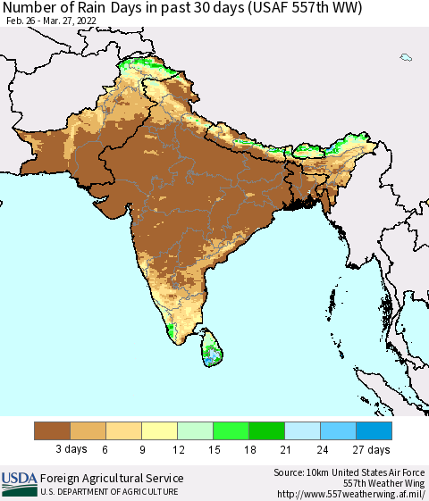 Southern Asia Number of Rain Days in past 30 days (USAF 557th WW) 03/27/2022 Thematic Map For 3/21/2022 - 3/27/2022