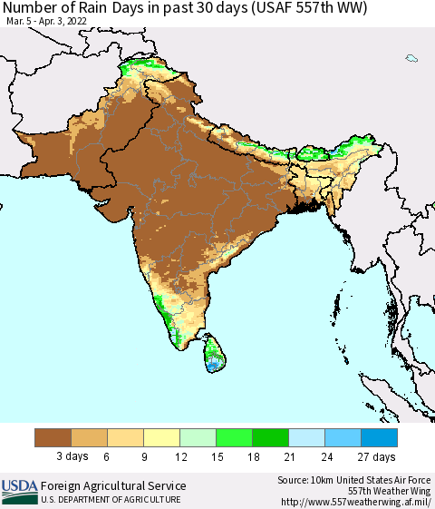 Southern Asia Number of Rain Days in past 30 days (USAF 557th WW) 04/03/2022 Thematic Map For 3/28/2022 - 4/3/2022