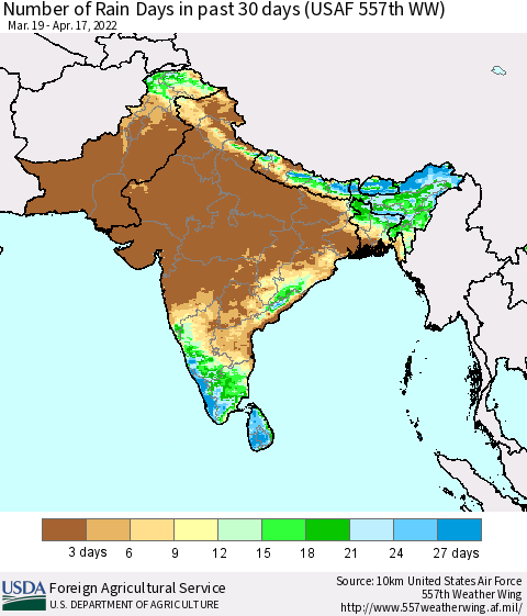 Southern Asia Number of Rain Days in past 30 days (USAF 557th WW) 04/17/2022 Thematic Map For 4/11/2022 - 4/17/2022