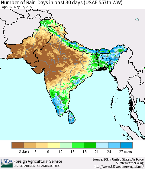 Southern Asia Number of Rain Days in past 30 days (USAF 557th WW) 05/15/2022 Thematic Map For 5/9/2022 - 5/15/2022