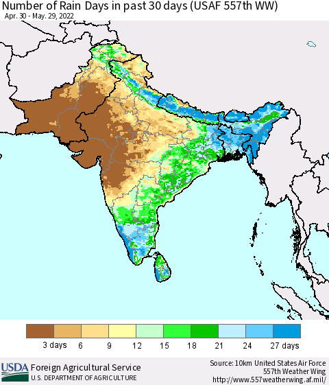 Southern Asia Number of Rain Days in past 30 days (USAF 557th WW) 05/29/2022 Thematic Map For 5/23/2022 - 5/29/2022