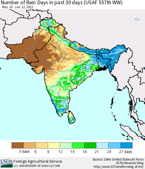 Southern Asia Number of Rain Days in past 30 days (USAF 557th WW) 06/12/2022 Thematic Map For 6/6/2022 - 6/12/2022