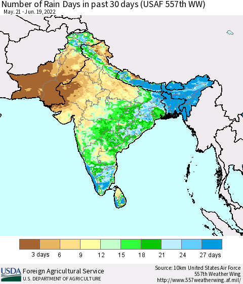 Southern Asia Number of Rain Days in past 30 days (USAF 557th WW) 06/19/2022 Thematic Map For 6/13/2022 - 6/19/2022