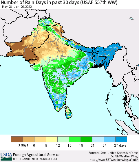 Southern Asia Number of Rain Days in past 30 days (USAF 557th WW) 06/26/2022 Thematic Map For 6/20/2022 - 6/26/2022