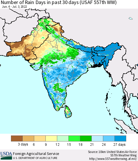 Southern Asia Number of Rain Days in past 30 days (USAF 557th WW) 07/03/2022 Thematic Map For 6/27/2022 - 7/3/2022