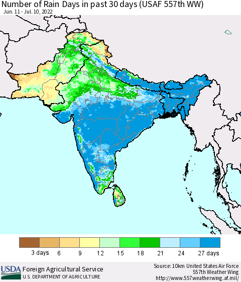 Southern Asia Number of Rain Days in past 30 days (USAF 557th WW) 07/10/2022 Thematic Map For 7/4/2022 - 7/10/2022