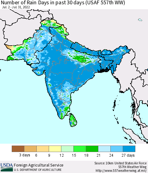 Southern Asia Number of Rain Days in past 30 days (USAF 557th WW) 07/31/2022 Thematic Map For 7/25/2022 - 7/31/2022