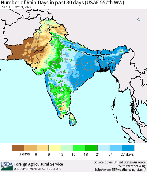 Southern Asia Number of Rain Days in past 30 days (USAF 557th WW) 10/09/2022 Thematic Map For 10/3/2022 - 10/9/2022