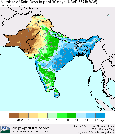 Southern Asia Number of Rain Days in past 30 days (USAF 557th WW) 10/16/2022 Thematic Map For 10/10/2022 - 10/16/2022