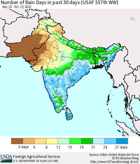 Southern Asia Number of Rain Days in past 30 days (USAF 557th WW) 10/23/2022 Thematic Map For 10/17/2022 - 10/23/2022