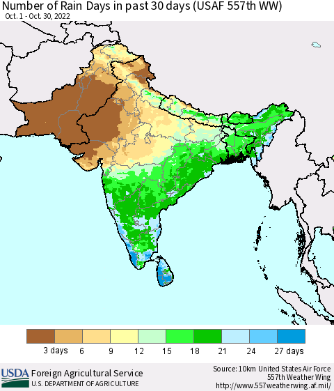 Southern Asia Number of Rain Days in past 30 days (USAF 557th WW) 10/30/2022 Thematic Map For 10/24/2022 - 10/30/2022