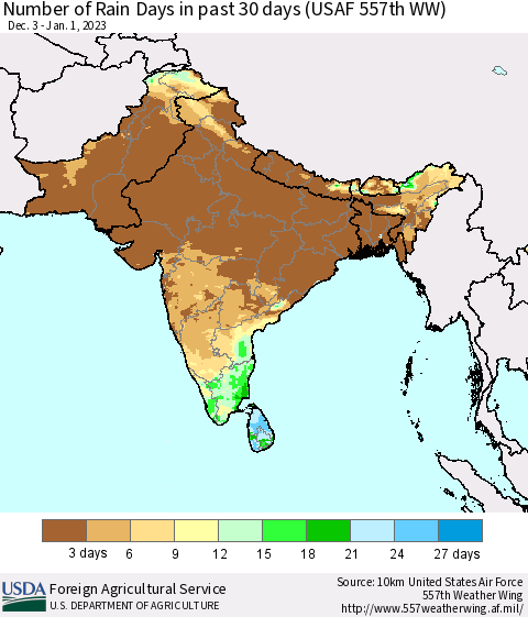 Southern Asia Number of Rain Days in past 30 days (USAF 557th WW) 01/01/2023 Thematic Map For 12/26/2022 - 1/1/2023