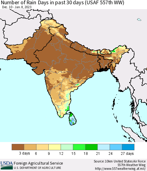 Southern Asia Number of Rain Days in past 30 days (USAF 557th WW) 01/08/2023 Thematic Map For 1/2/2023 - 1/8/2023
