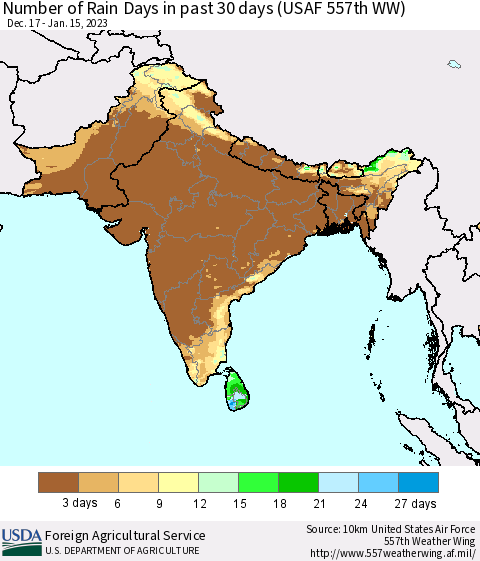 Southern Asia Number of Rain Days in past 30 days (USAF 557th WW) 01/15/2023 Thematic Map For 1/9/2023 - 1/15/2023