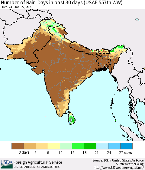 Southern Asia Number of Rain Days in past 30 days (USAF 557th WW) 01/22/2023 Thematic Map For 1/16/2023 - 1/22/2023
