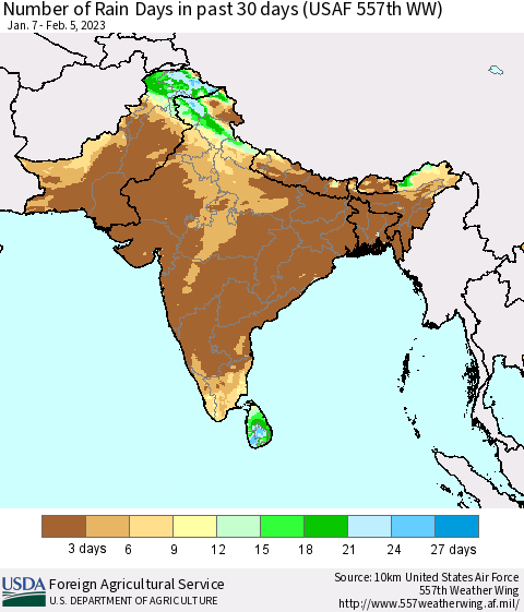 Southern Asia Number of Rain Days in past 30 days (USAF 557th WW) 02/05/2023 Thematic Map For 1/30/2023 - 2/5/2023