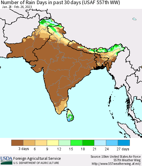 Southern Asia Number of Rain Days in past 30 days (USAF 557th WW) 02/26/2023 Thematic Map For 2/20/2023 - 2/26/2023
