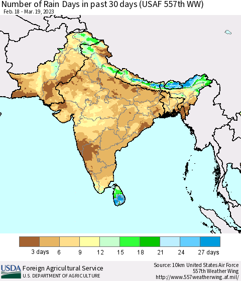 Southern Asia Number of Rain Days in past 30 days (USAF 557th WW) 03/19/2023 Thematic Map For 3/13/2023 - 3/19/2023