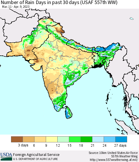 Southern Asia Number of Rain Days in past 30 days (USAF 557th WW) 04/09/2023 Thematic Map For 4/3/2023 - 4/9/2023