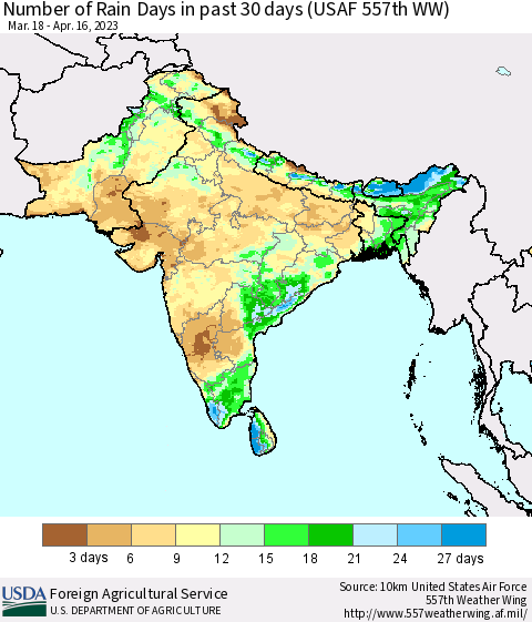 Southern Asia Number of Rain Days in past 30 days (USAF 557th WW) 04/16/2023 Thematic Map For 4/10/2023 - 4/16/2023