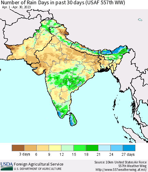 Southern Asia Number of Rain Days in past 30 days (USAF 557th WW) 04/30/2023 Thematic Map For 4/24/2023 - 4/30/2023