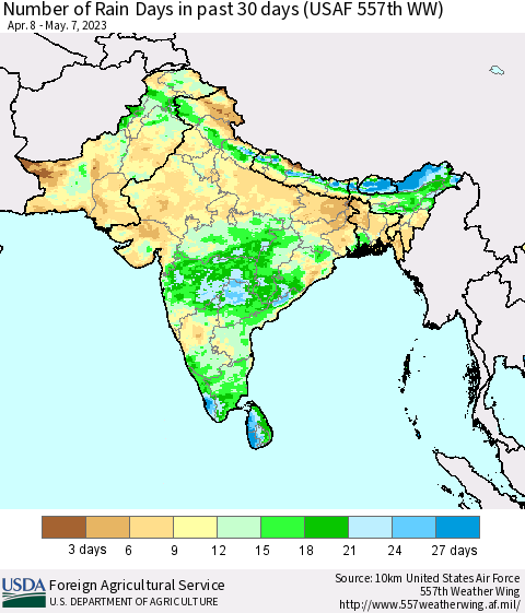 Southern Asia Number of Rain Days in past 30 days (USAF 557th WW) 05/07/2023 Thematic Map For 5/1/2023 - 5/7/2023